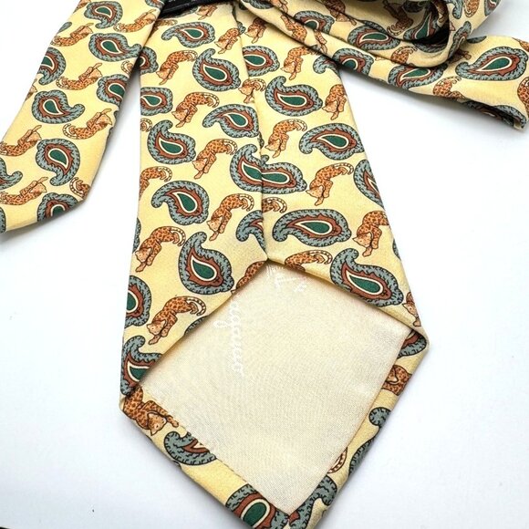 Salvatore Ferragamo Neck Tie Yellow Green Paisley Cheetah Print 100% Silk - Picture 6 of 7